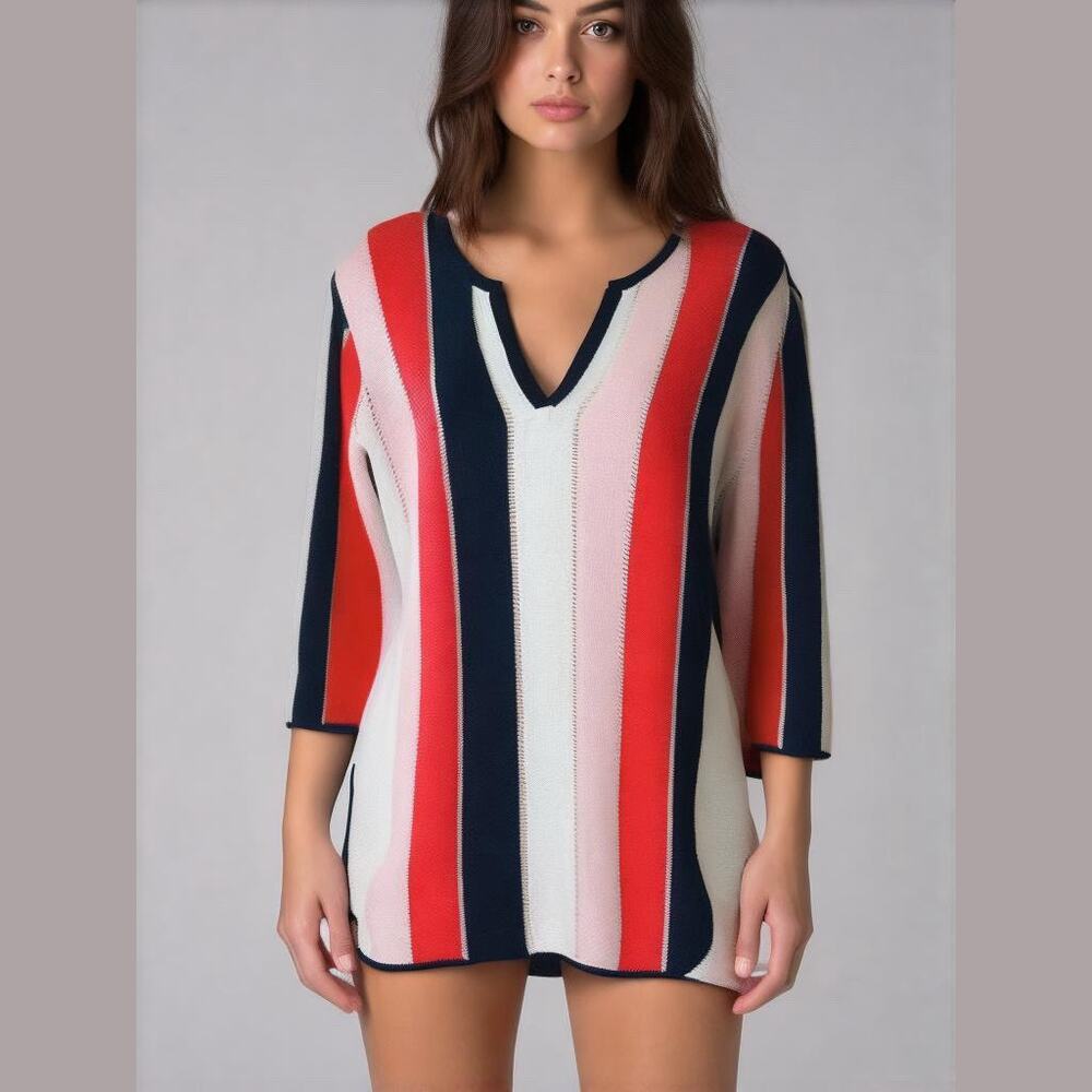 TOMMY BAHAMA Striped White Coral Pink Blue Lightweight Linen Pullover Sweater S